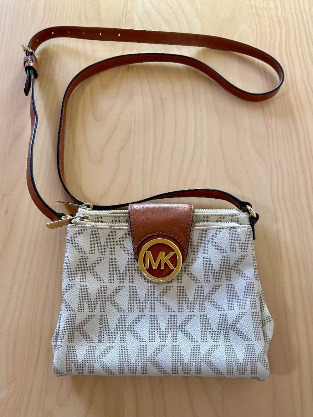 Michael Kors Cream Monogram Crossbody Bag With Brown Leather Trim